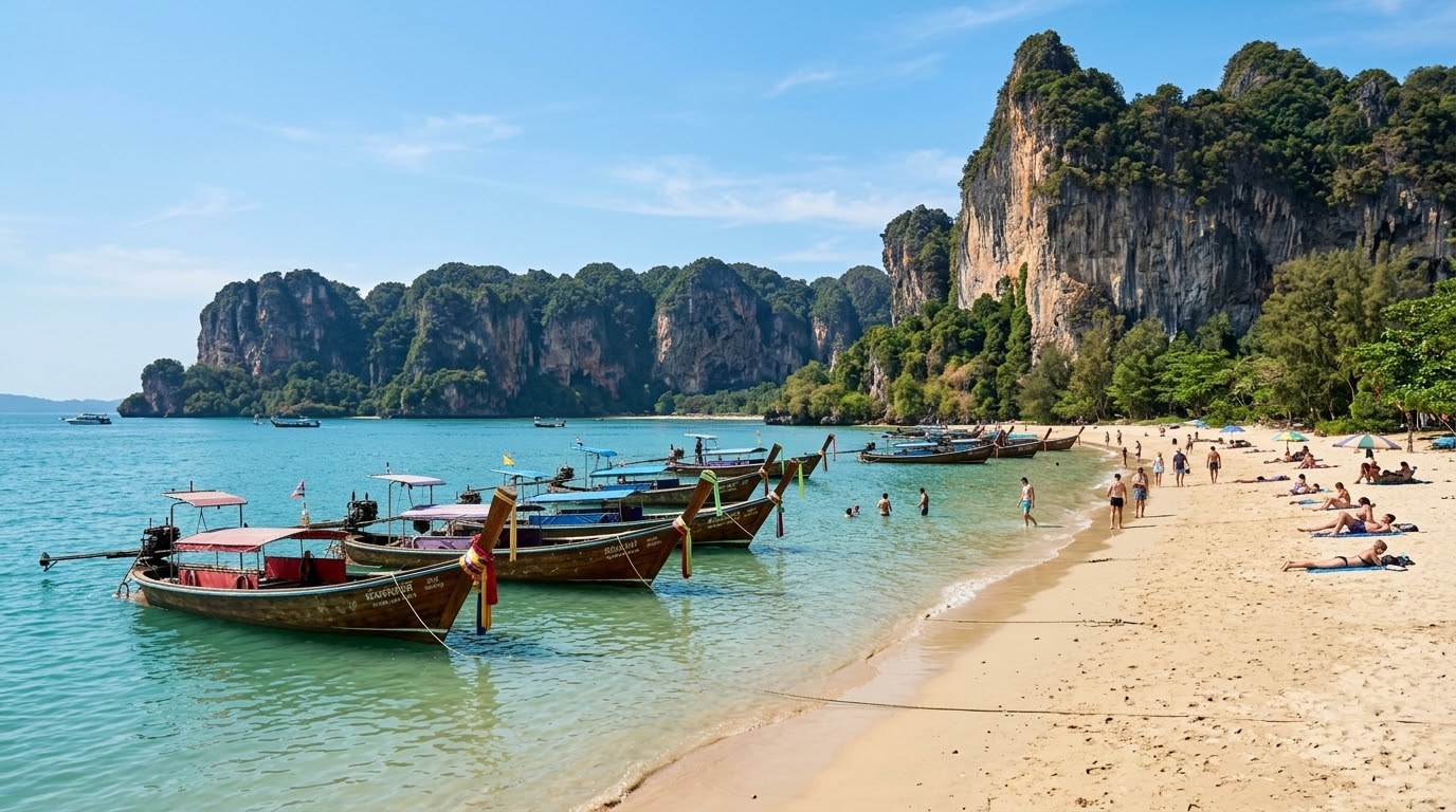 Longtail boats on Ao Nang beach in sunny dry-season weather, Krabi