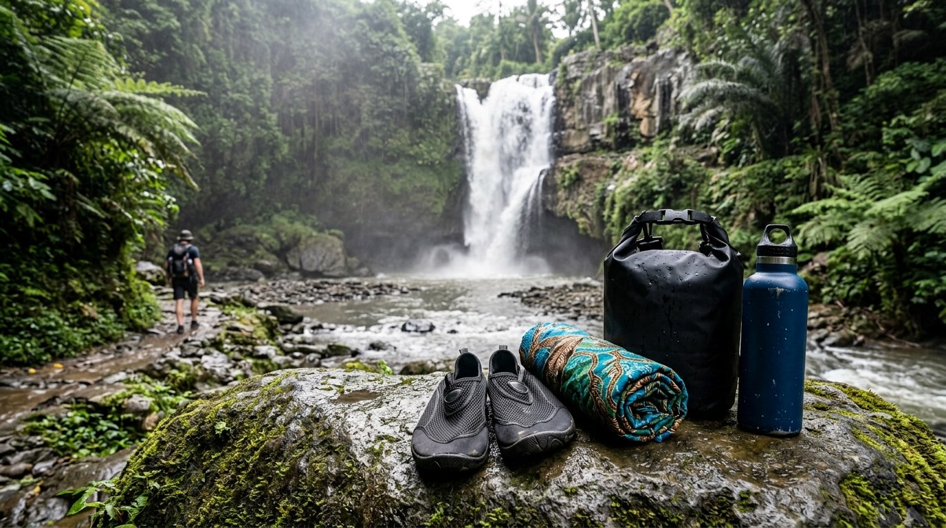 Water shoes, dry bag and sarong on a rock beside a Bali waterfall