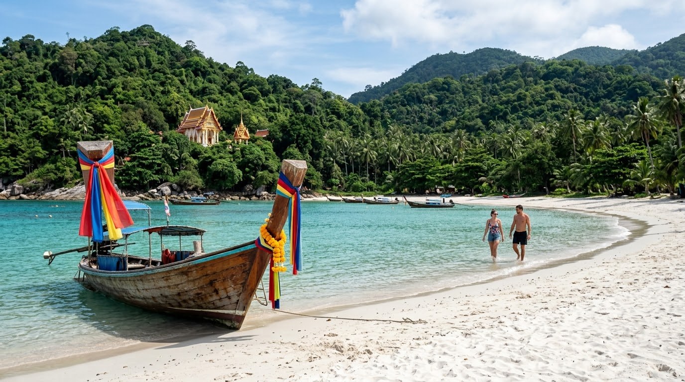 Longtail boat on a quiet white-sand bay on Koh Pha Ngan, Thailand