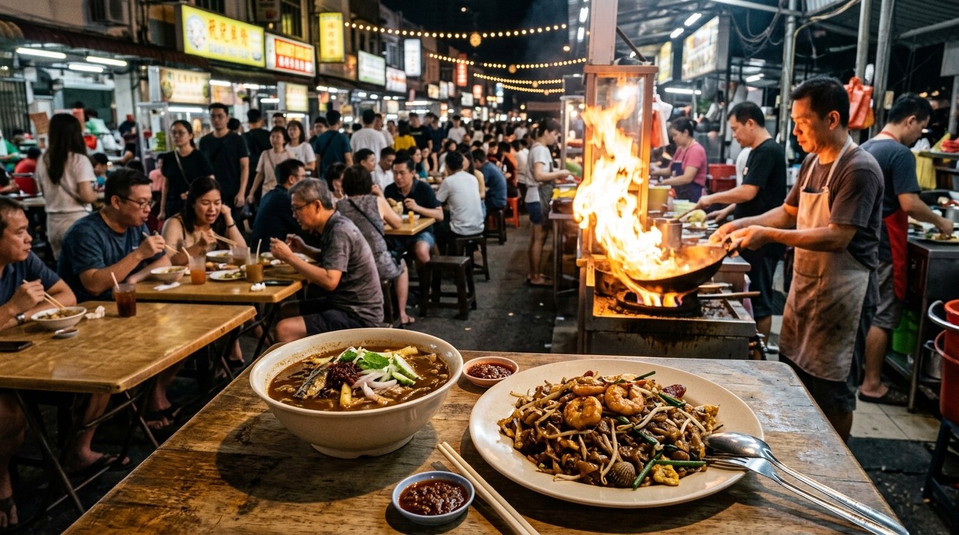 Char kway teow and assam laksa at Gurney Drive hawker centre, Penang