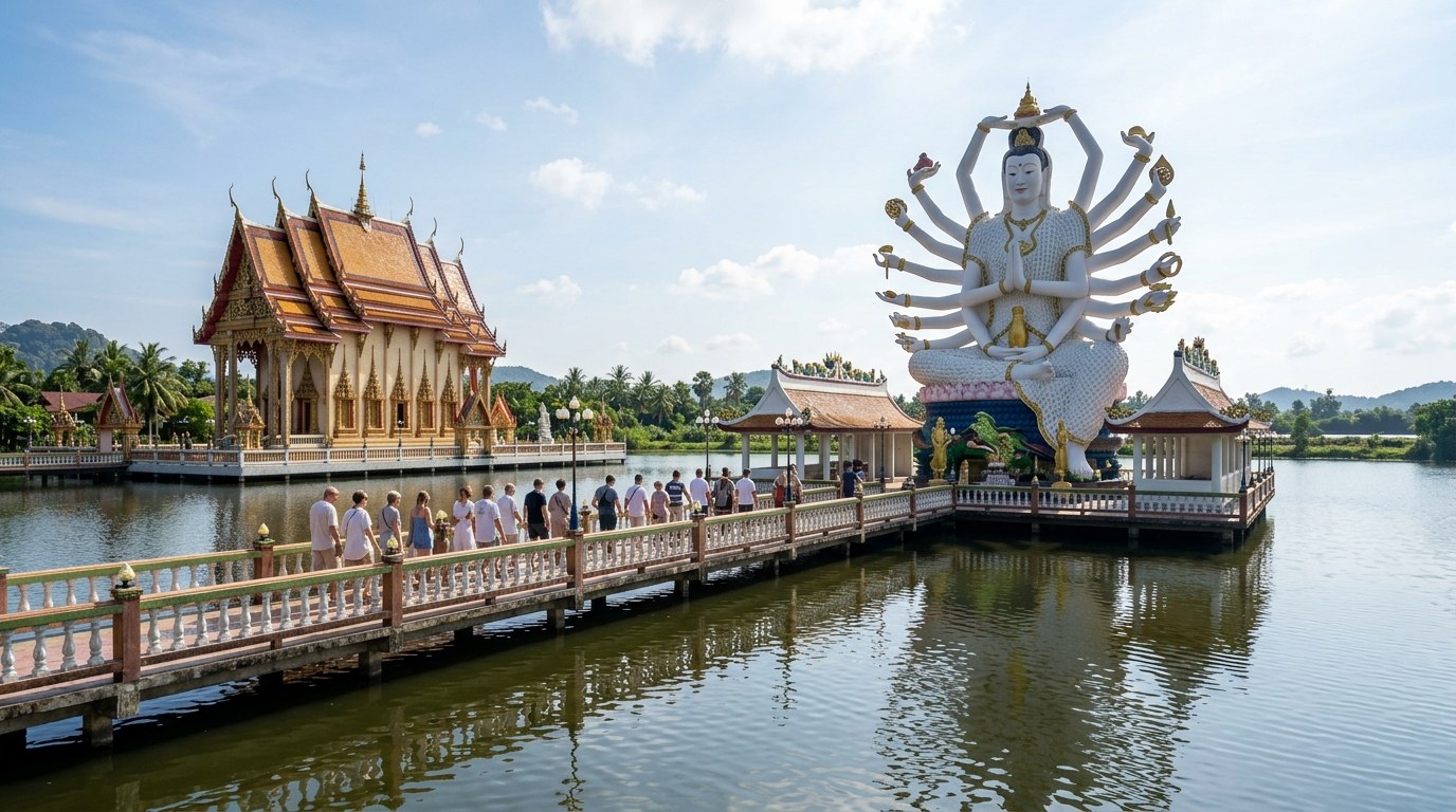 White Guanyin statue and temple hall at Wat Plai Laem, Koh Samui