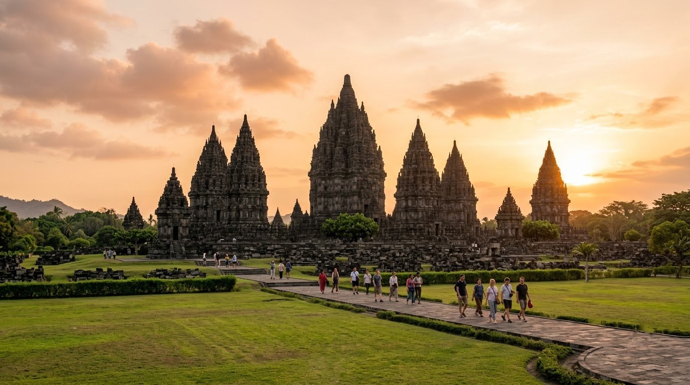Prambanan temple spires at golden hour near Yogyakarta, Indonesia
