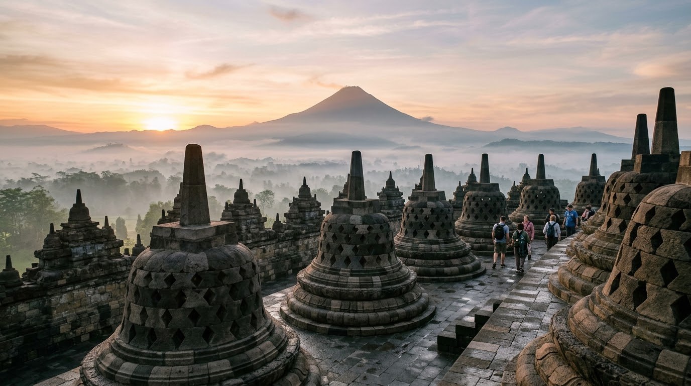 Borobudur stupas at sunrise with misty Mount Merapi near Yogyakarta