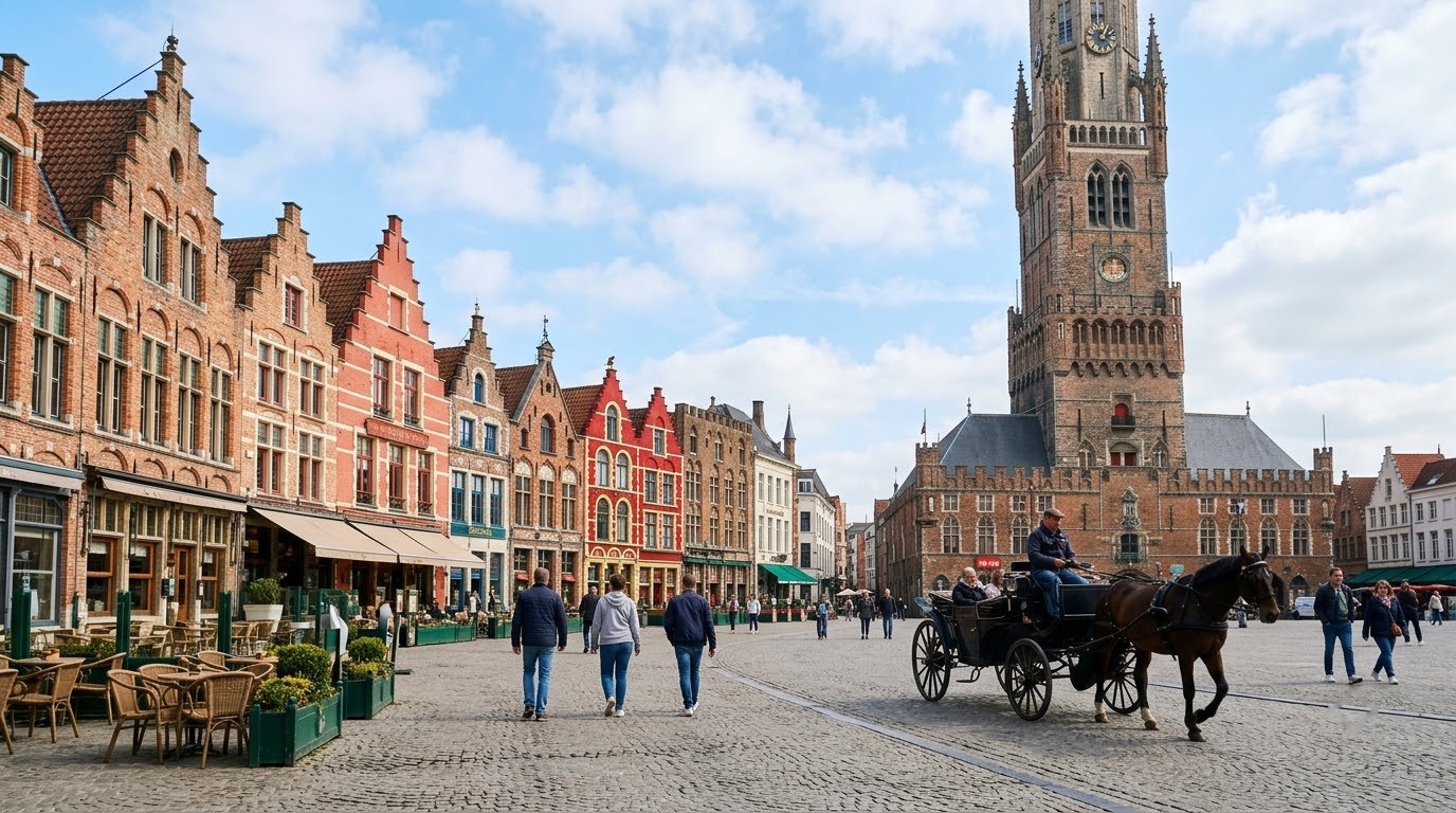 Belfry and guild houses on the Markt square in Bruges in spring
