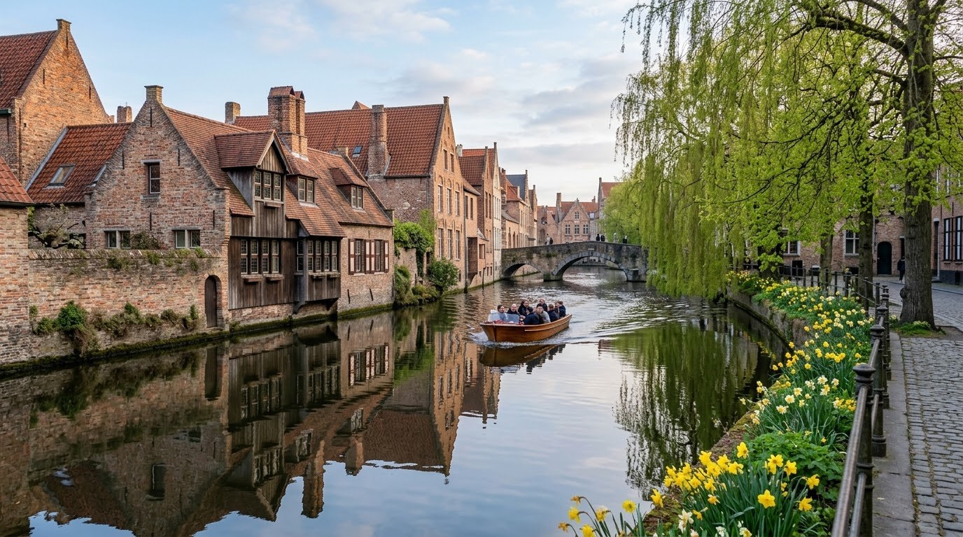 Quiet Bruges canal with daffodils and willows on a spring morning