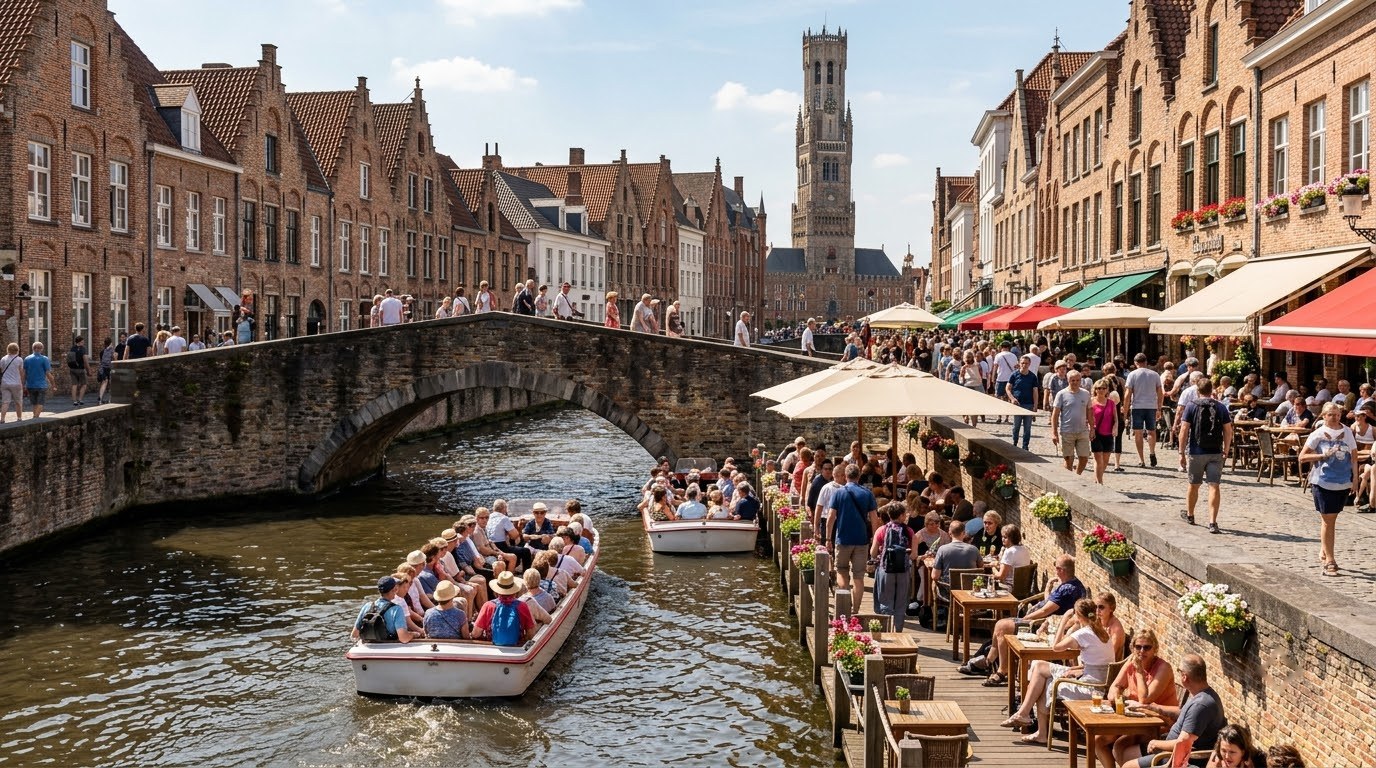 Crowded canal boats and busy quays on a summer afternoon in Bruges