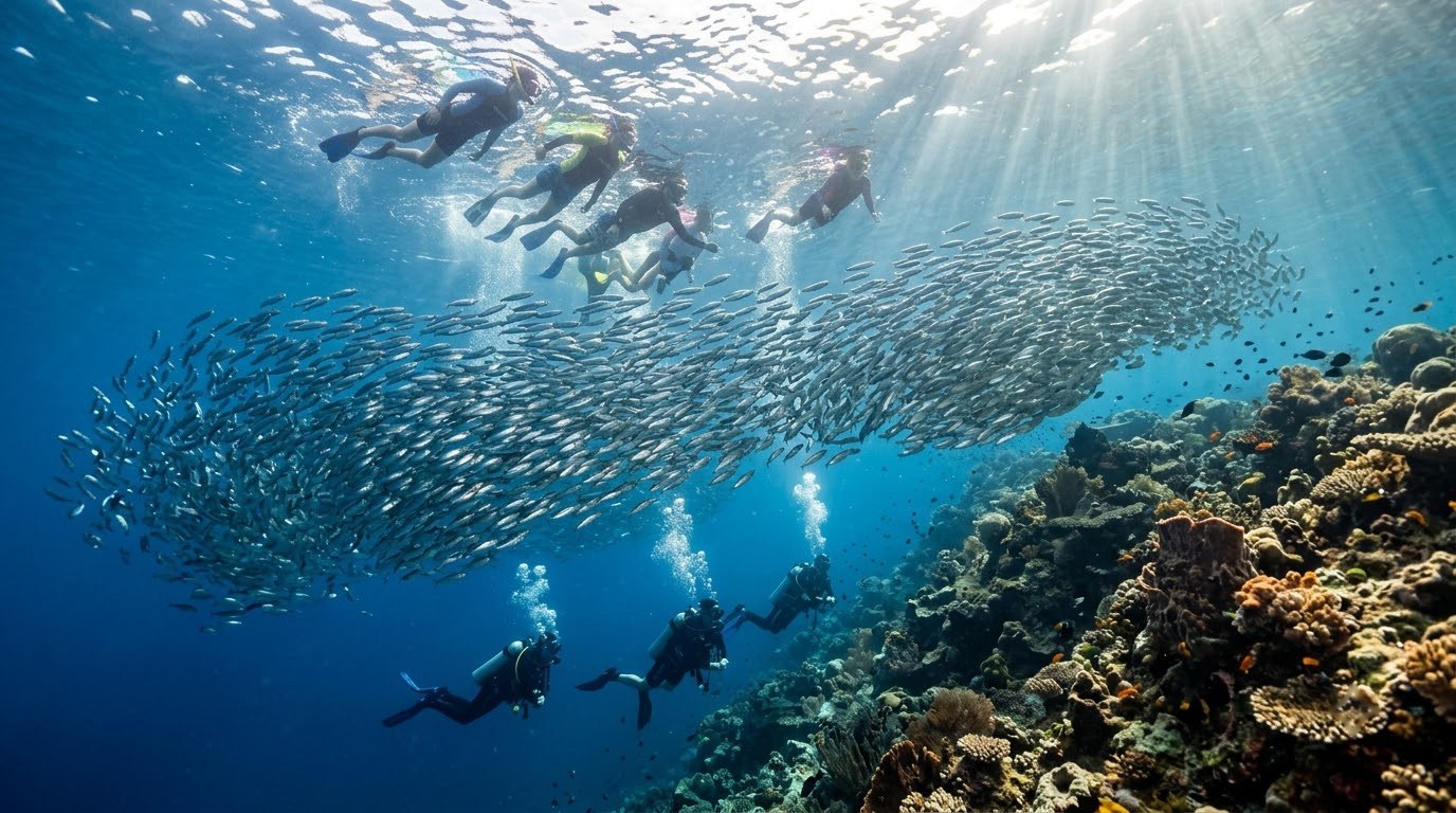 Snorkelers above the sardine run at Moalboal, Cebu, Philippines