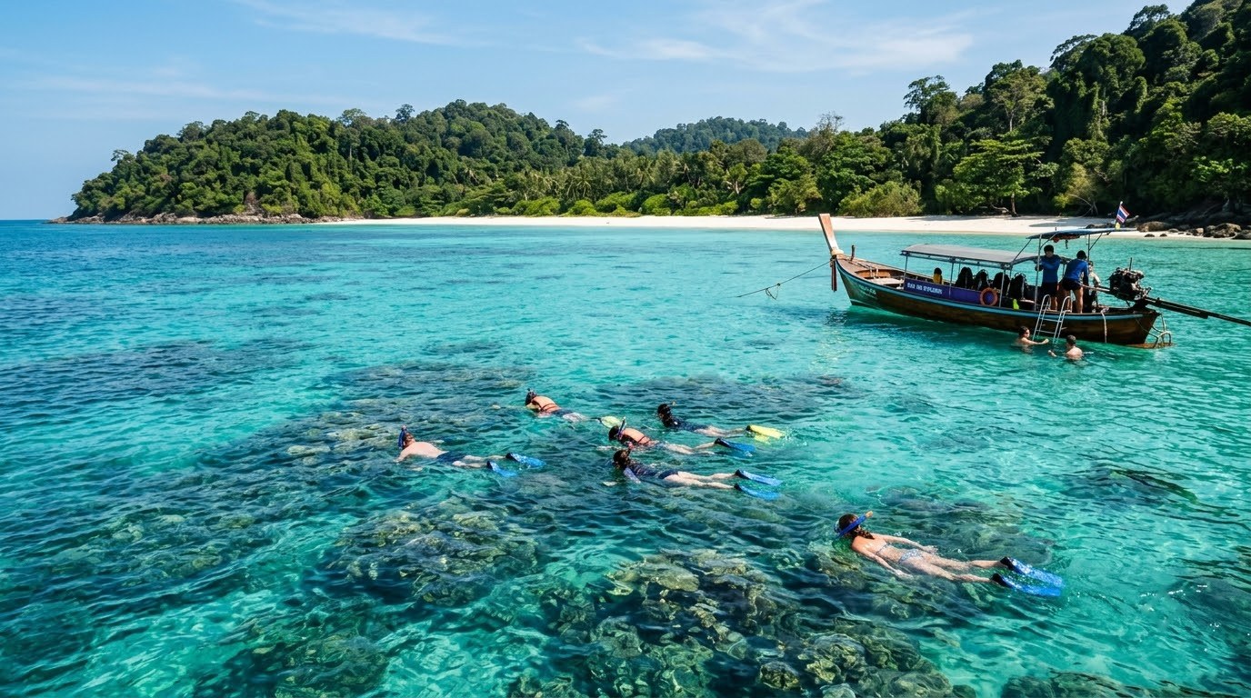 Snorkelers and dive boat at Koh Rok on a trip from Koh Lanta