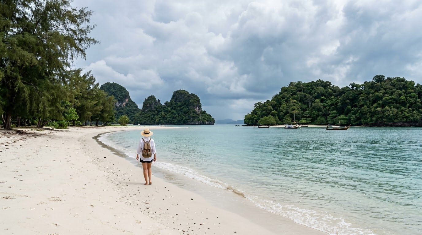 Tanjung Rhu beach on Langkawi with calm water and building clouds