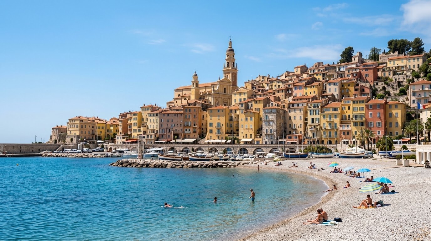 Pastel Menton old town and Basilica bell tower above the Mediterranean