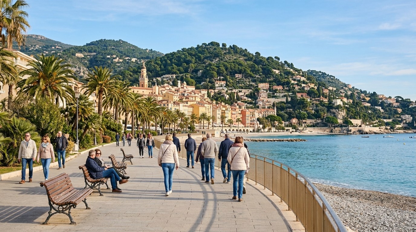 Walkers on the Promenade du Soleil in Menton on a mild winter day