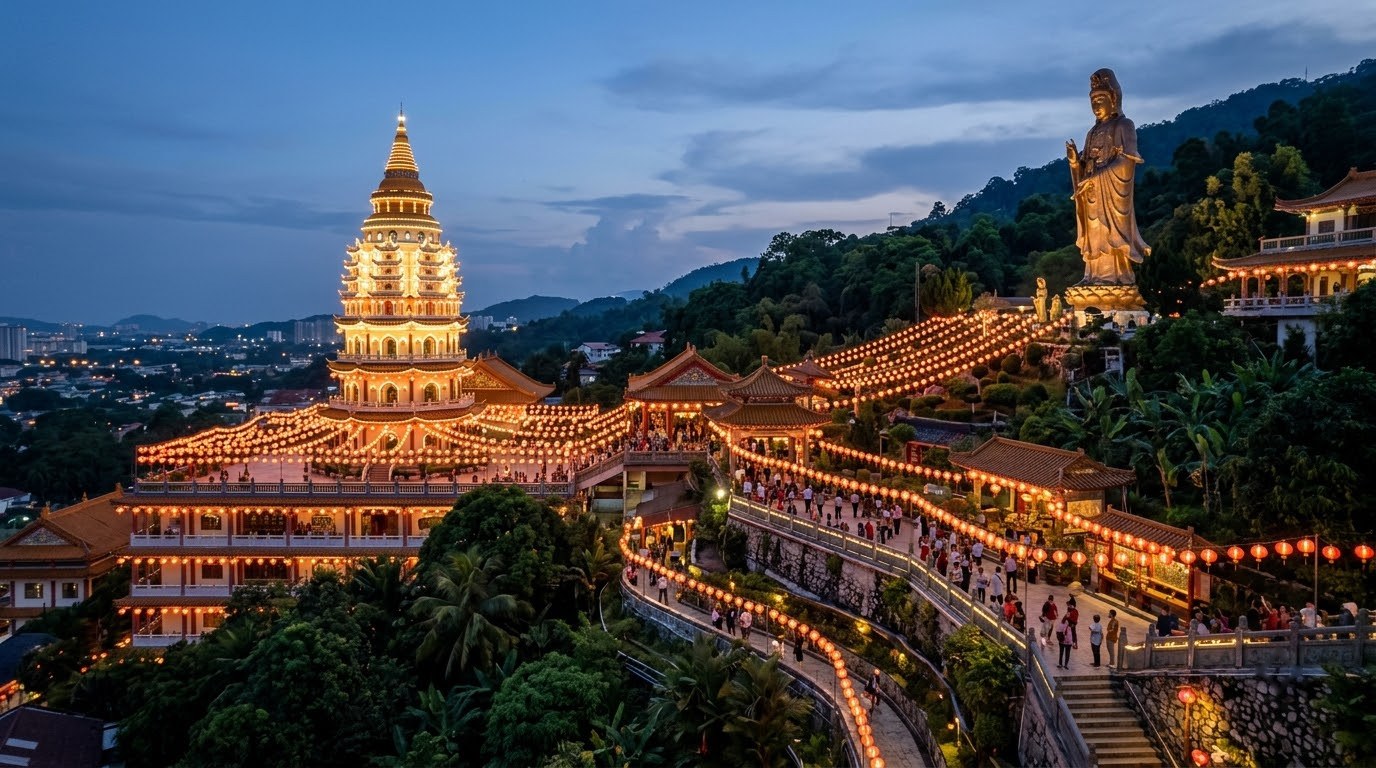 Kek Lok Si temple lit with lanterns for Chinese New Year, Penang