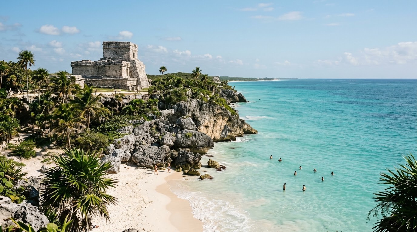 Tulum Mayan ruins on a cliff above the turquoise Caribbean Sea