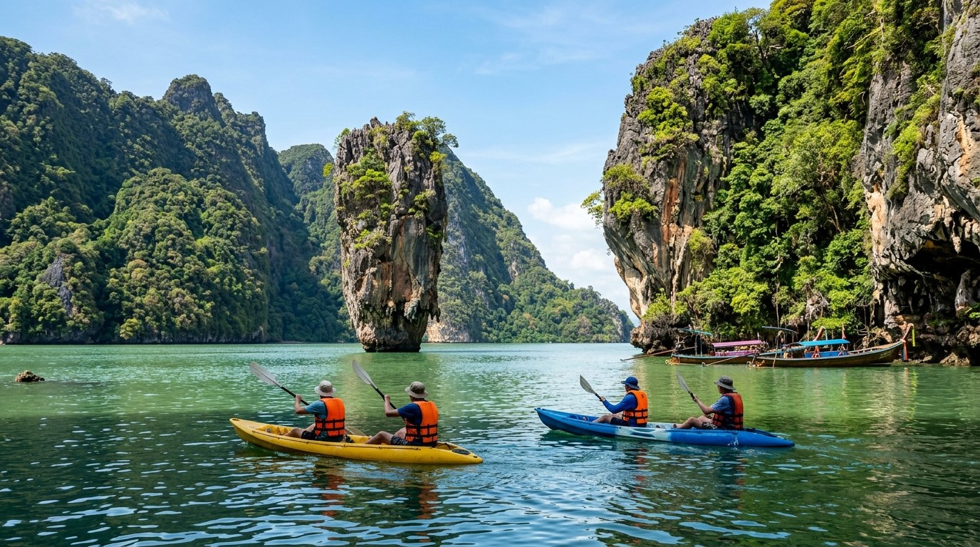 Kayaks and longtail boats near James Bond Island in Phang Nga Bay, Phuket