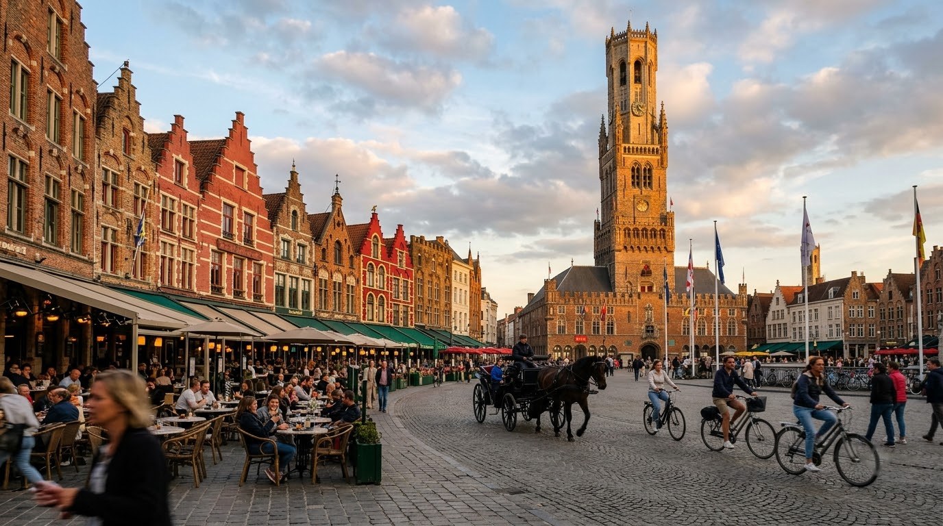 Belfry of Bruges towering over the Markt in golden afternoon light