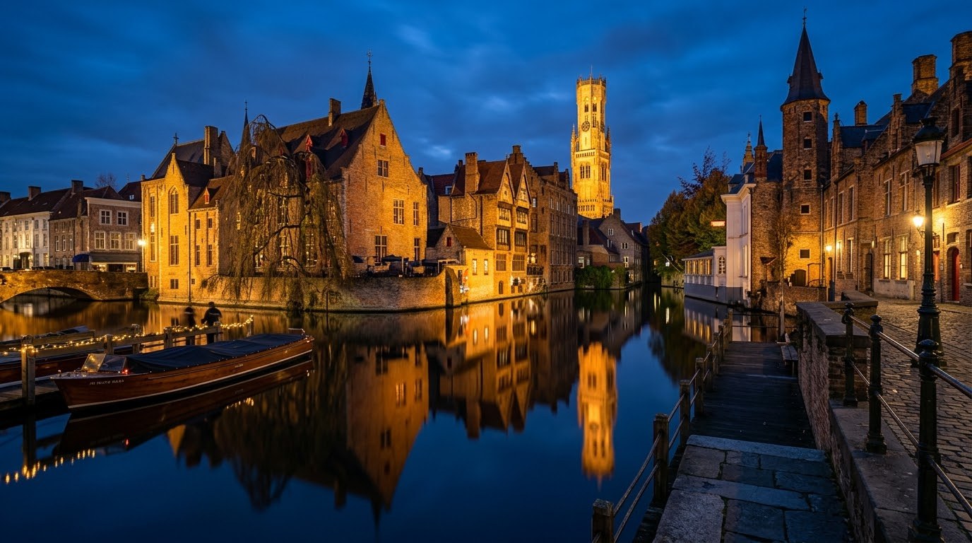 Rozenhoedkaai canal view with the Belfry reflected at blue hour, Bruges