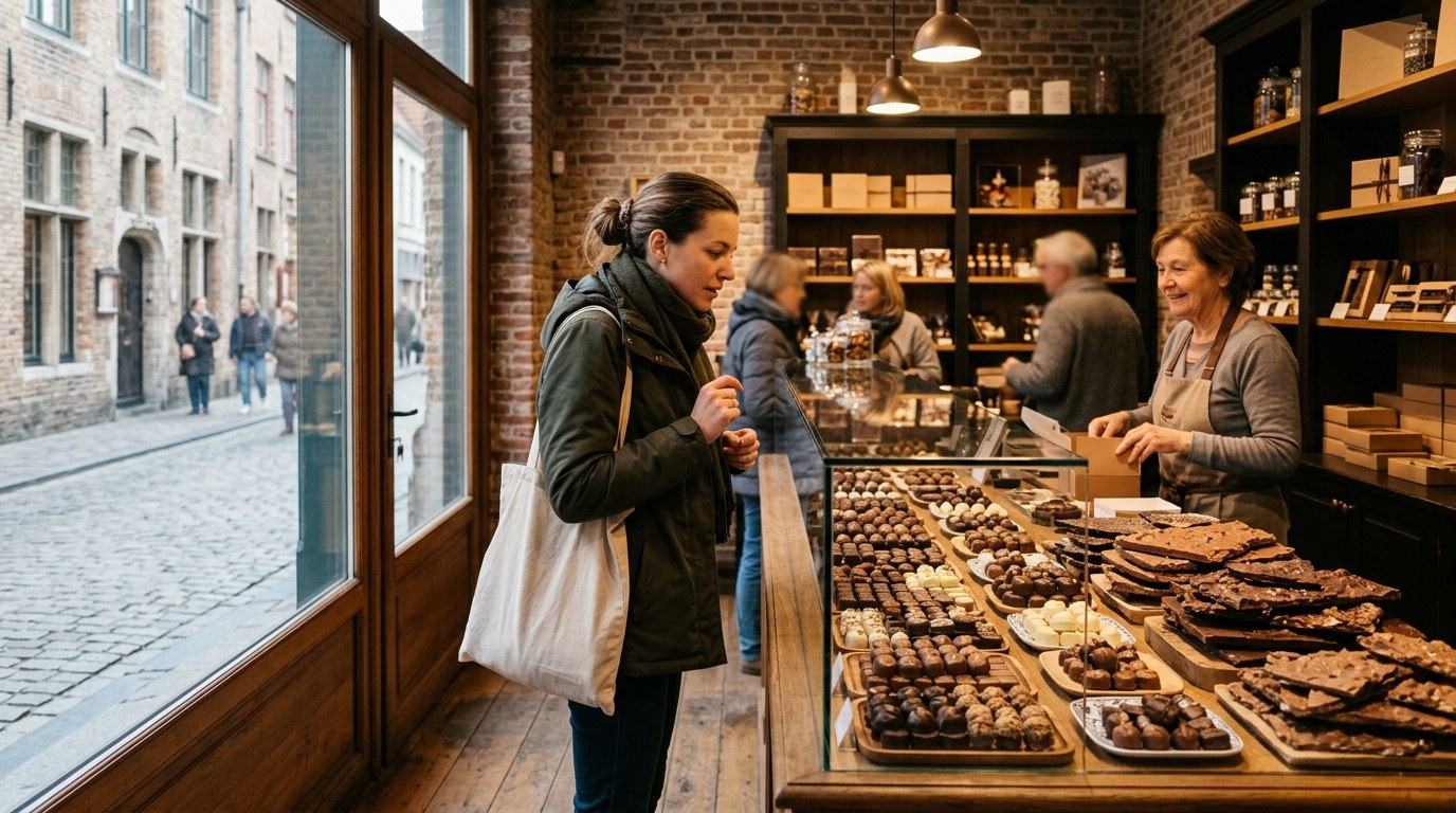 Handmade pralines and truffles in a Belgian chocolate shop in Bruges