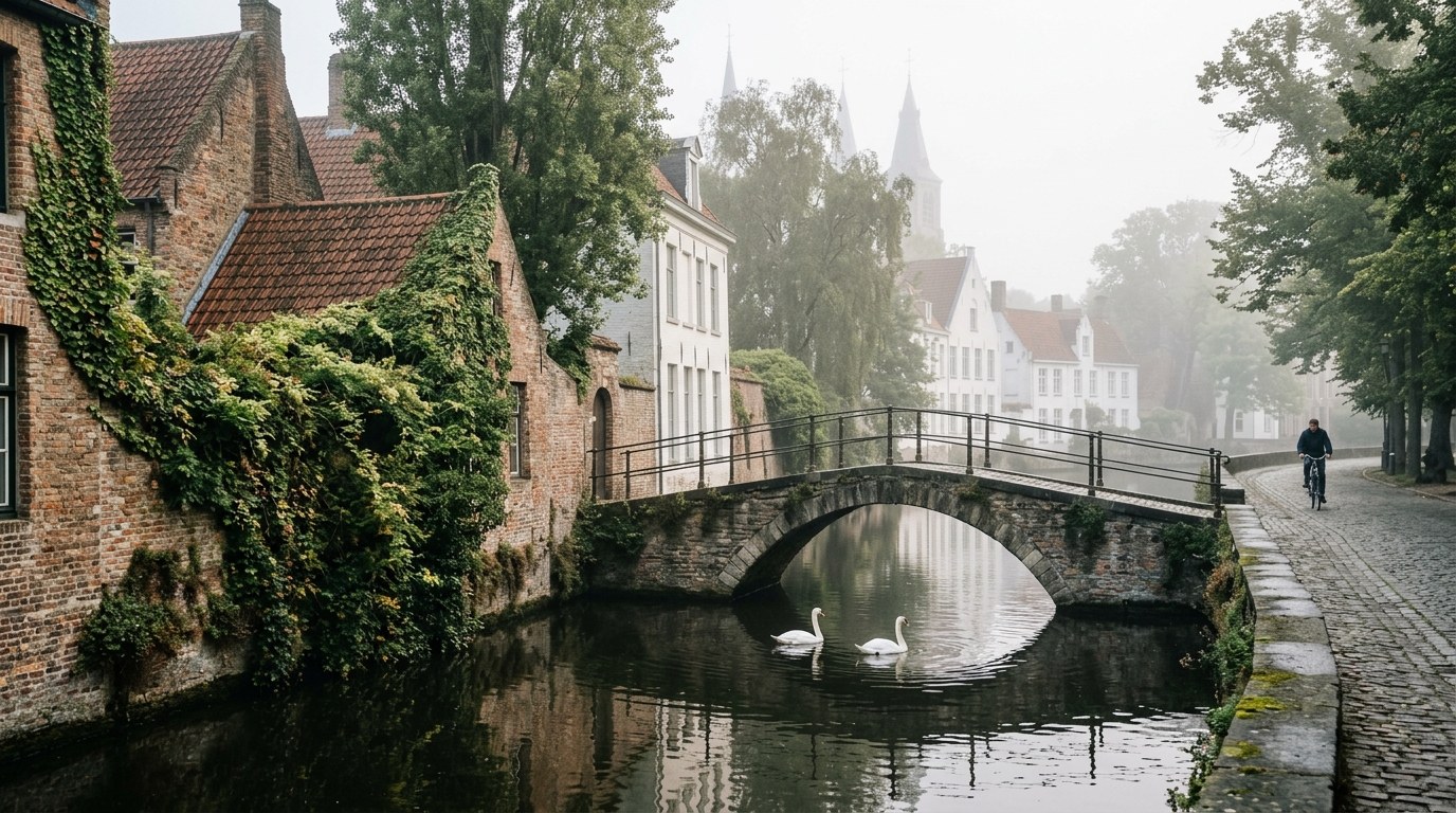 Swans on a quiet ivy-lined canal corner near the Begijnhof, Bruges