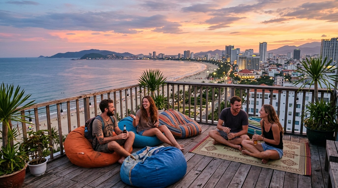 Backpacker hostel rooftop overlooking My Khe beach at sunset, Da Nang
