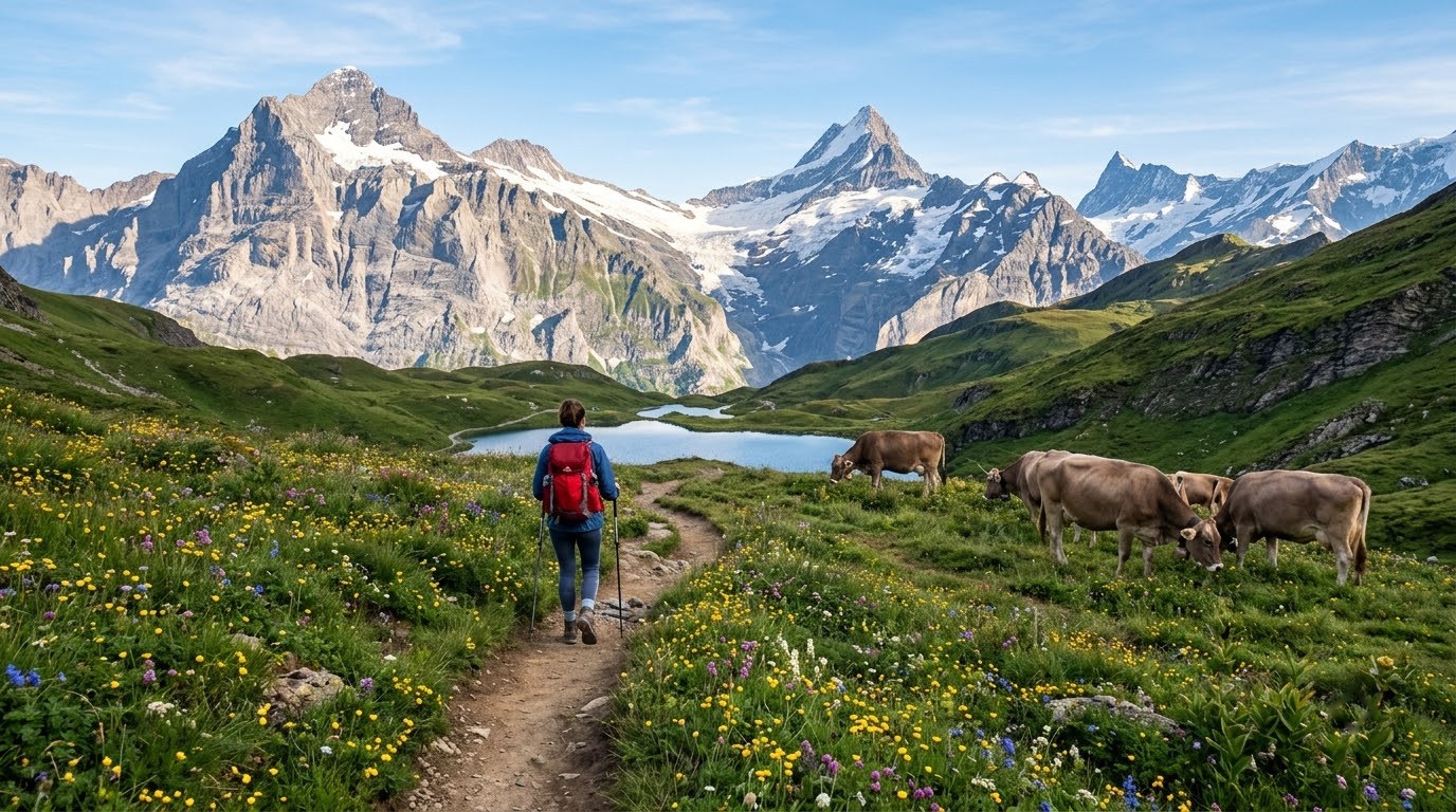 Hiker in wildflower meadows with Eiger views above Grindelwald