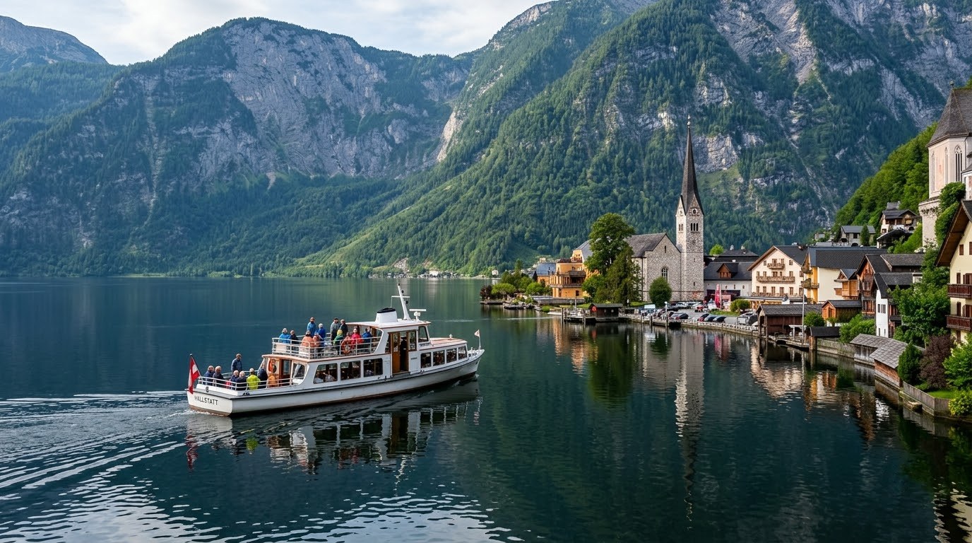 Ferry crossing the lake toward Hallstatt village, Austria
