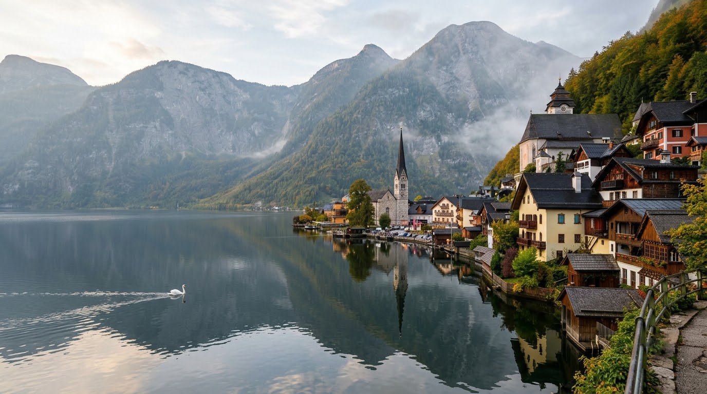 Classic Hallstatt viewpoint with church spire reflected in the lake