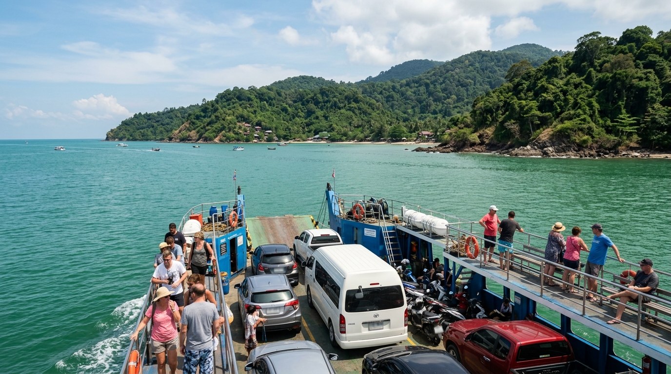 Car ferry with minivan crossing the channel to Koh Lanta, Thailand