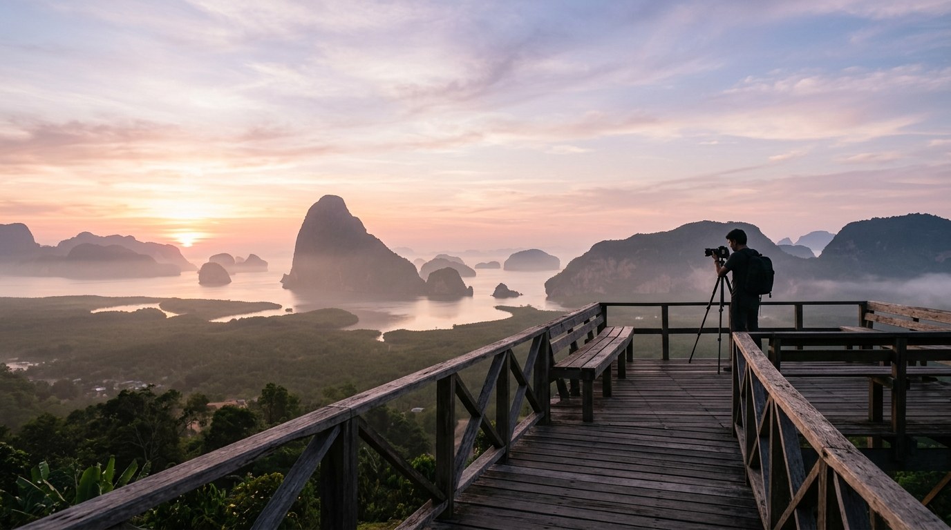 Misty sunrise over karst islands from Samet Nangshe viewpoint near Phuket