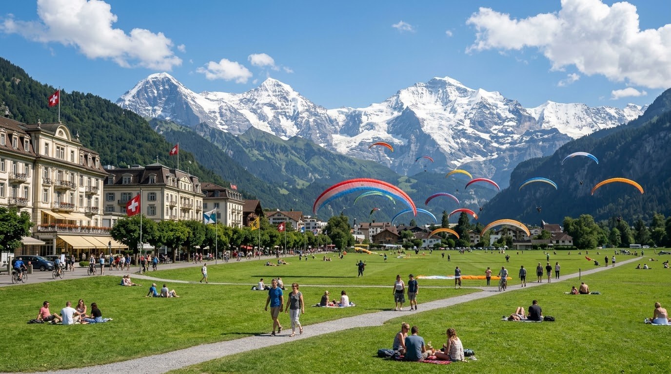 Paragliders landing on the Hohematte meadow with the Jungfrau, Interlaken