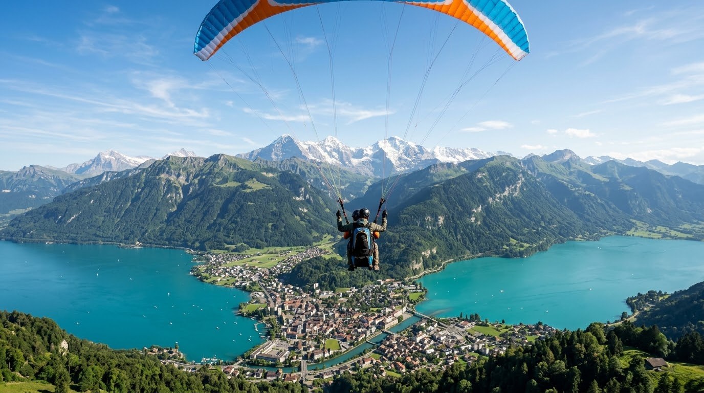 Tandem paraglider above Interlaken between Lake Thun and Lake Brienz