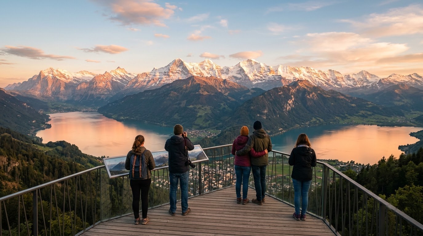 Harder Kulm viewpoint over Interlaken's two lakes at golden hour