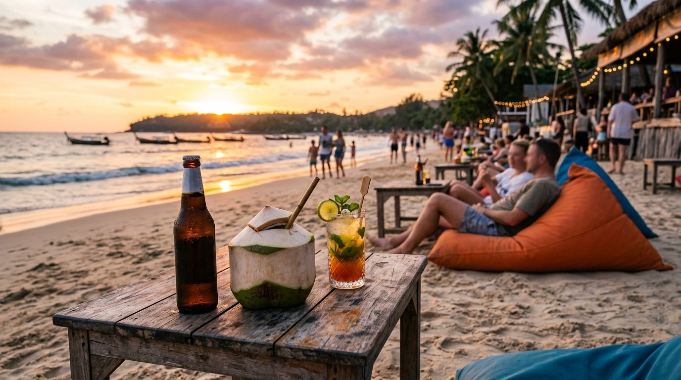 Cocktail, beer and coconut at a sunset beach bar in Phuket