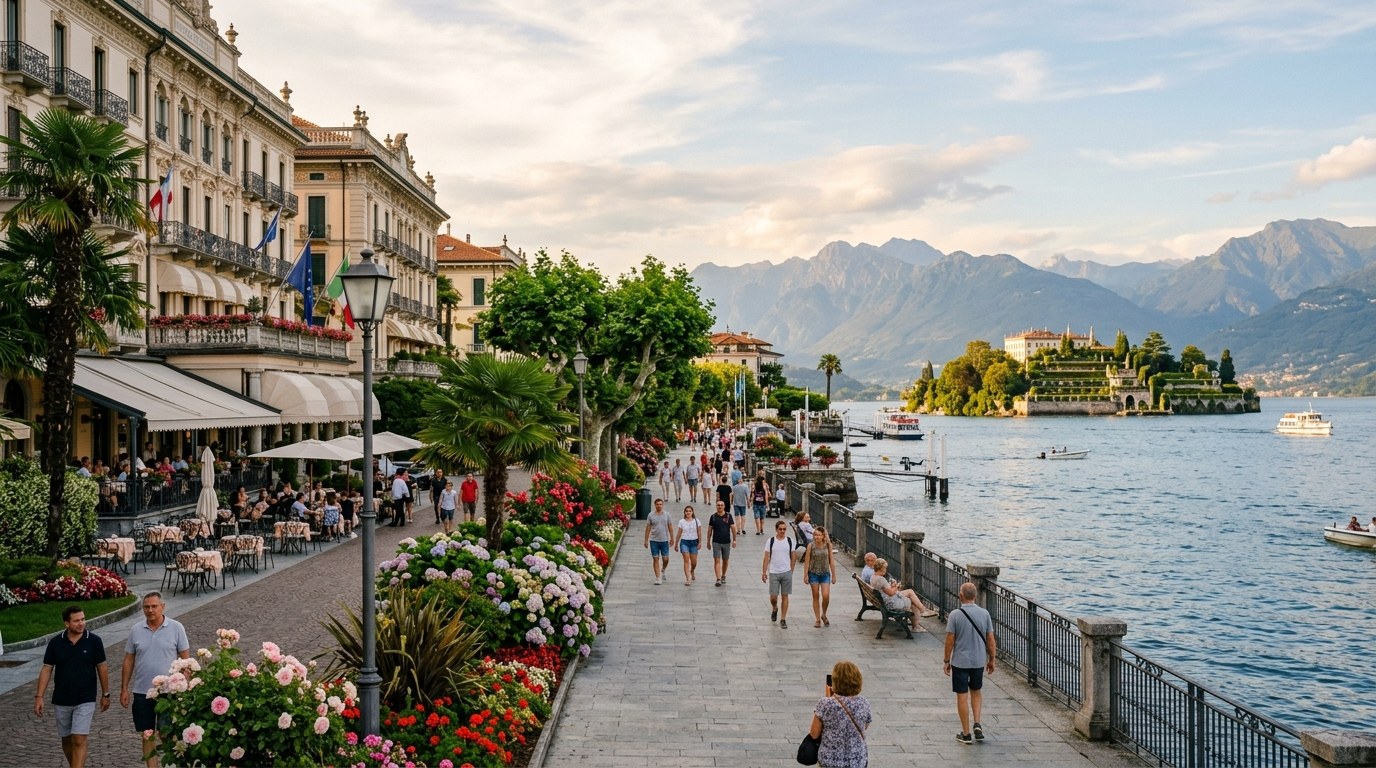 Stresa lakefront promenade with Isola Bella offshore, Lake Maggiore