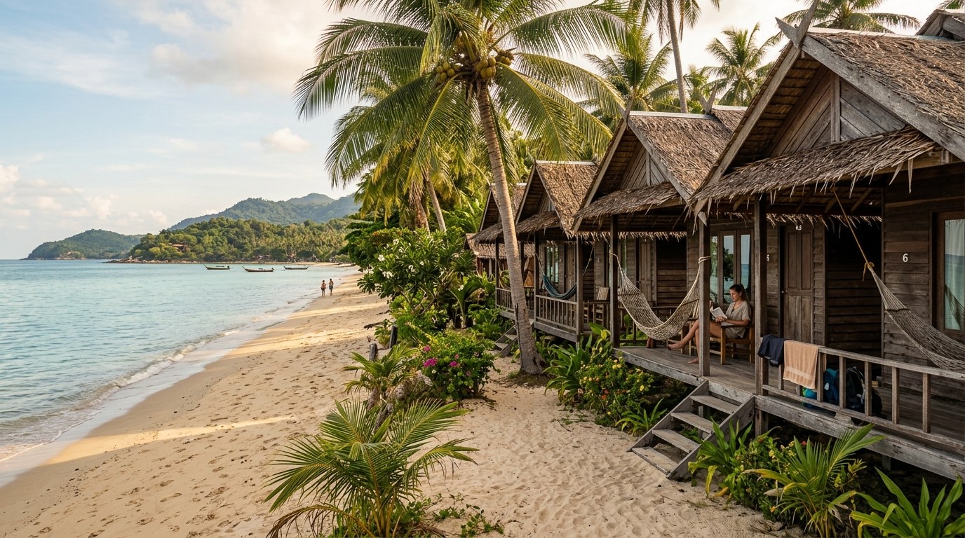 Budget wooden beach bungalows with hammocks at Lamai beach, Koh Samui