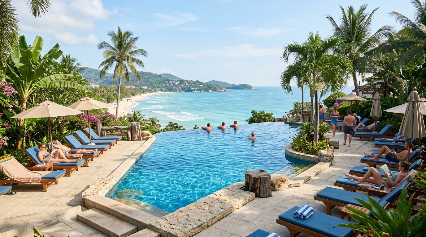 Mid-range resort pool overlooking Chaweng beach, Koh Samui