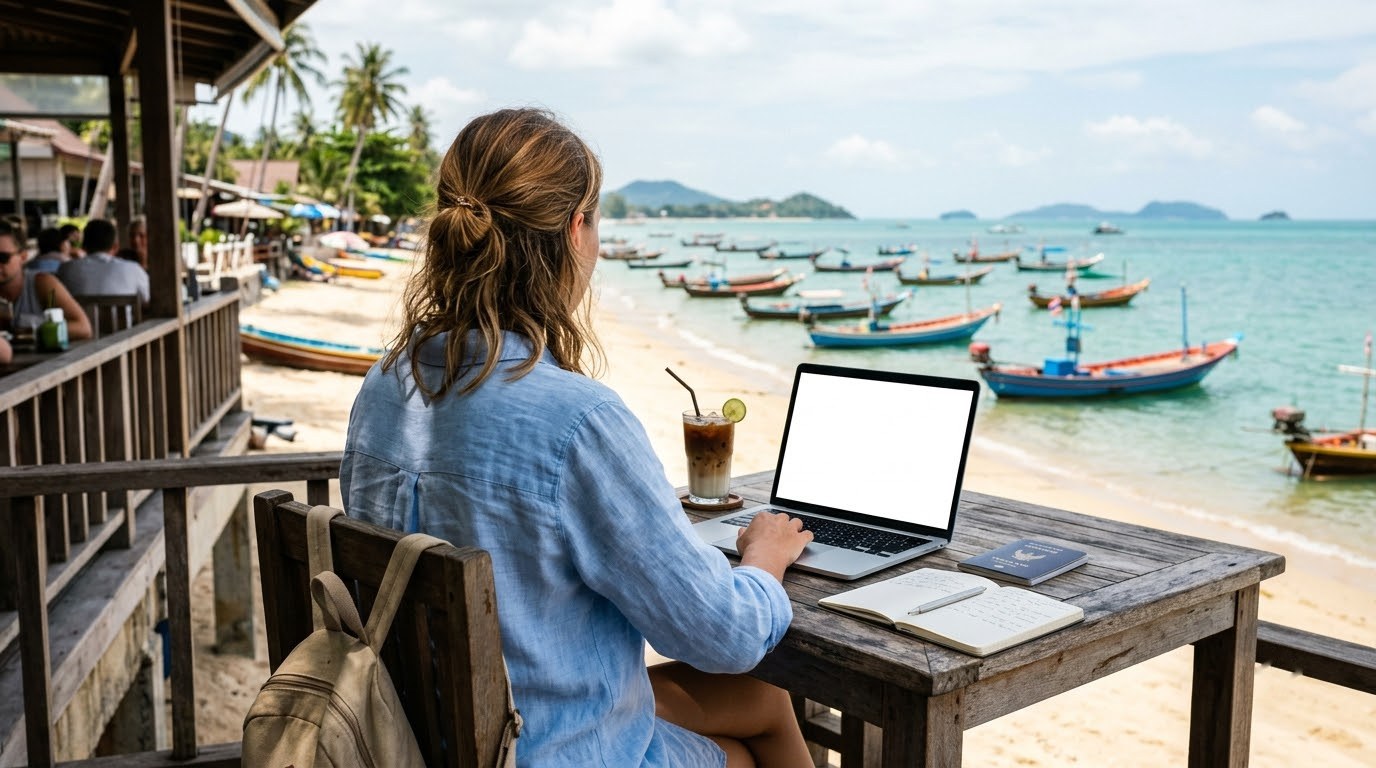 Traveller planning a Koh Samui trip at a Bophut beachfront cafe