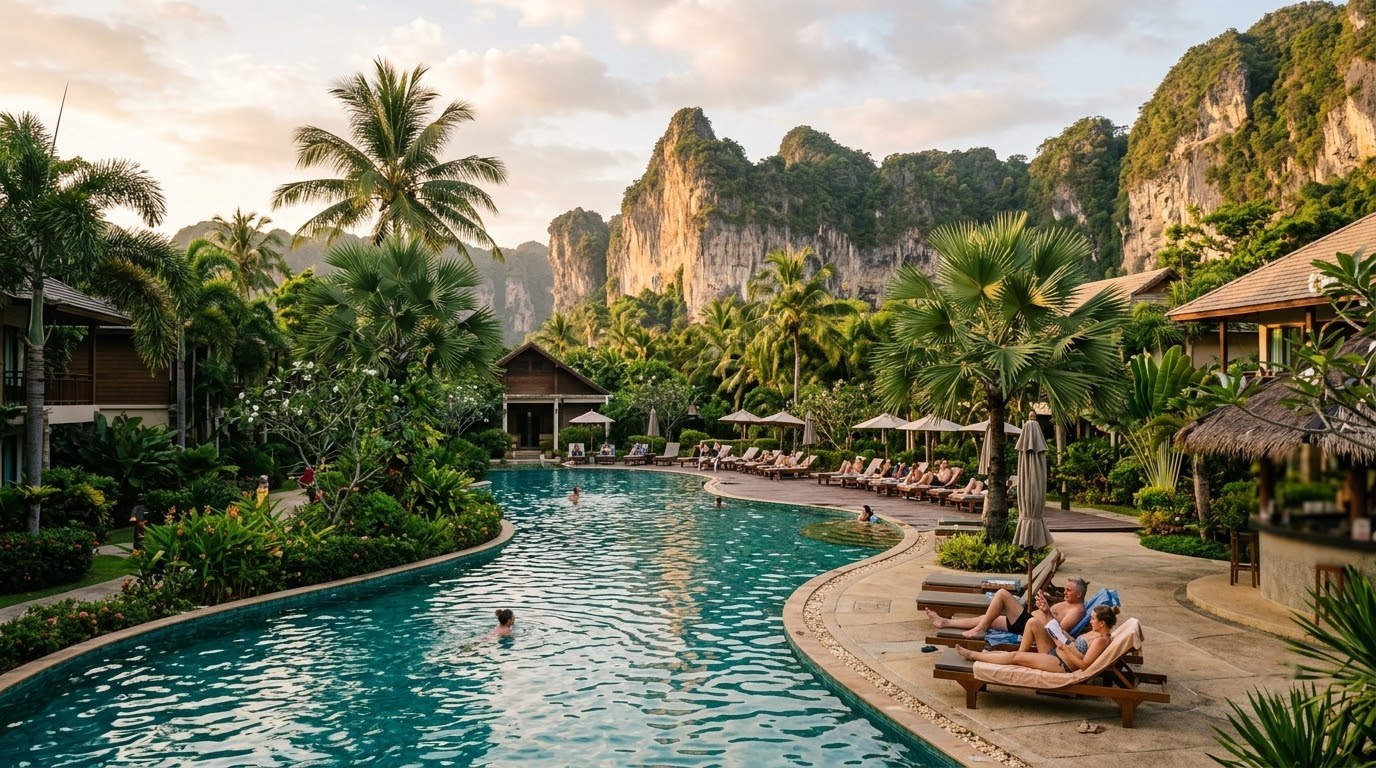 Mid-range resort pool with limestone cliffs behind in Ao Nang, Krabi