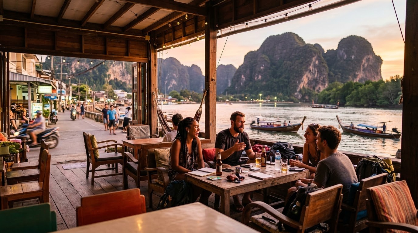 Backpacker hostel lounge facing the riverside in Krabi Town