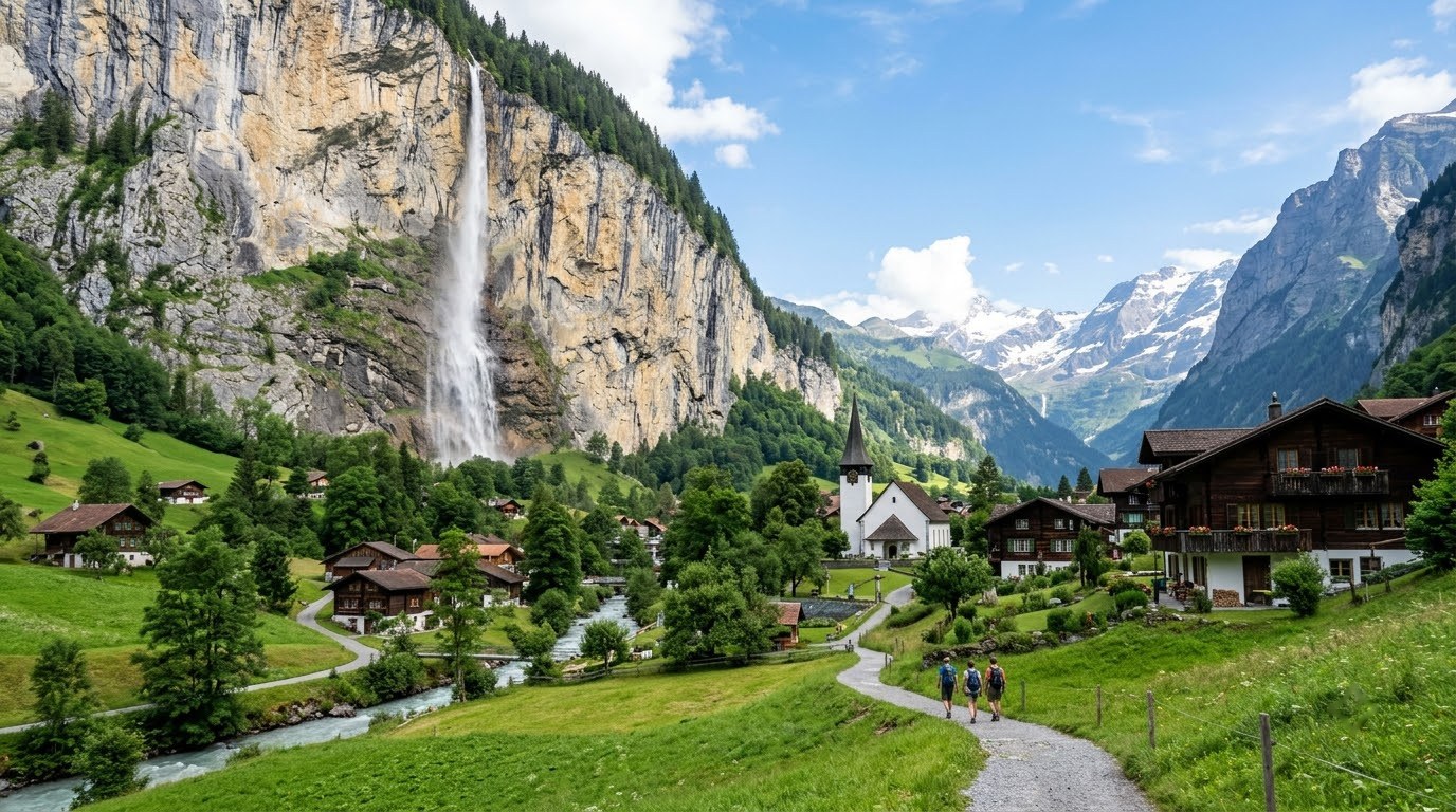 Staubbach Falls above the village and church of Lauterbrunnen, Switzerland