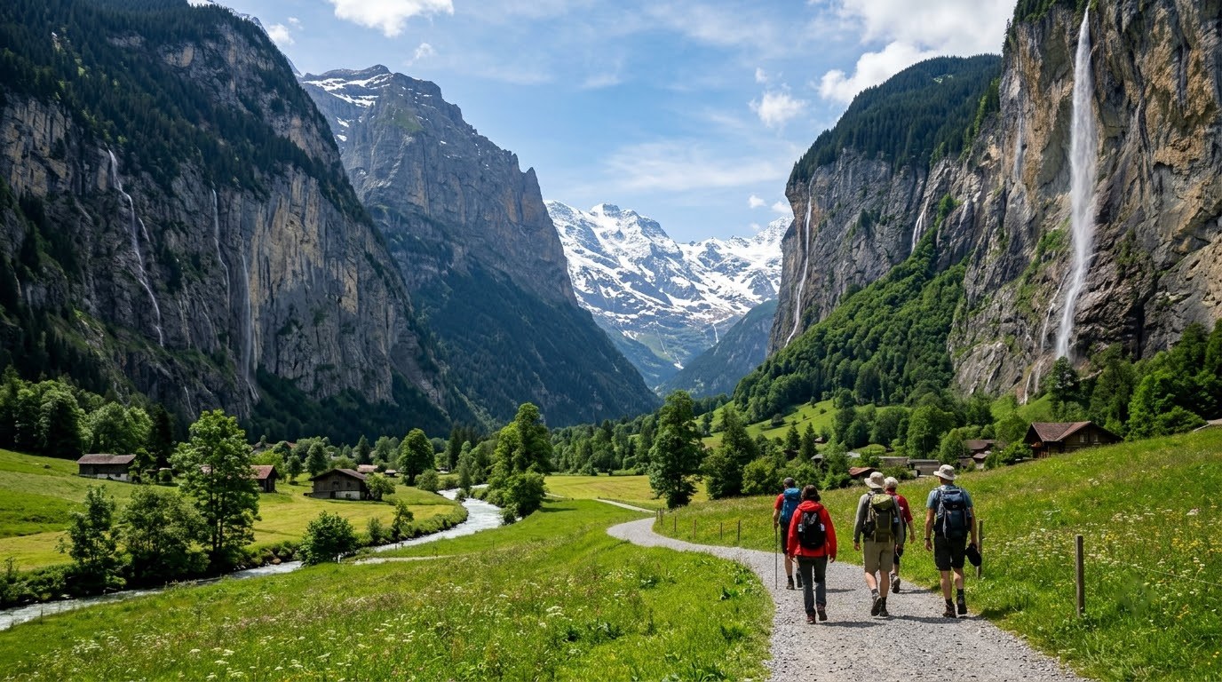 Hikers on the valley trail between cliffs and waterfalls in Lauterbrunnen