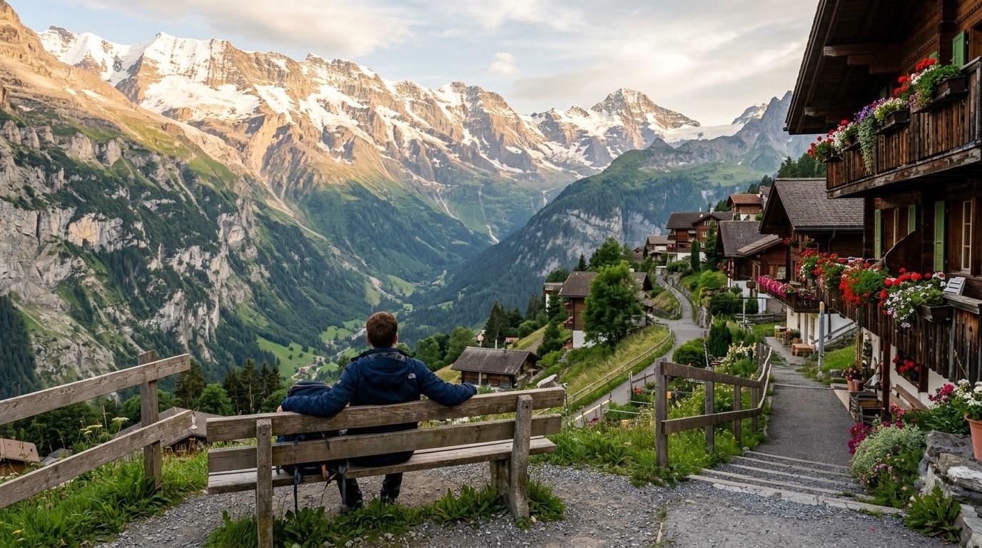 Murren chalets above Lauterbrunnen valley with Jungfrau views at golden hour