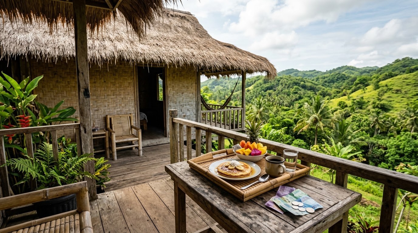Bamboo homestay bungalow with breakfast and rupiah notes in Kuta Lombok