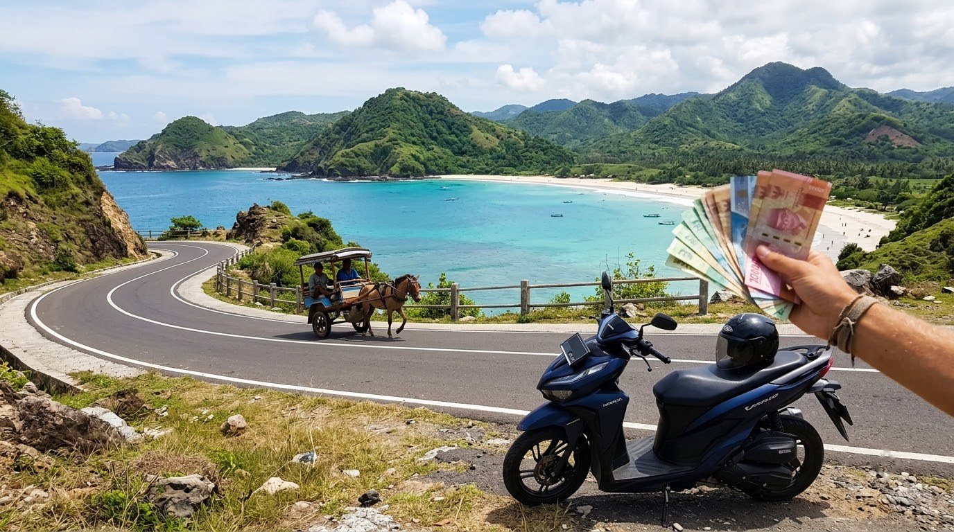 Rental scooter and cidomo horse cart on a Lombok coastal road