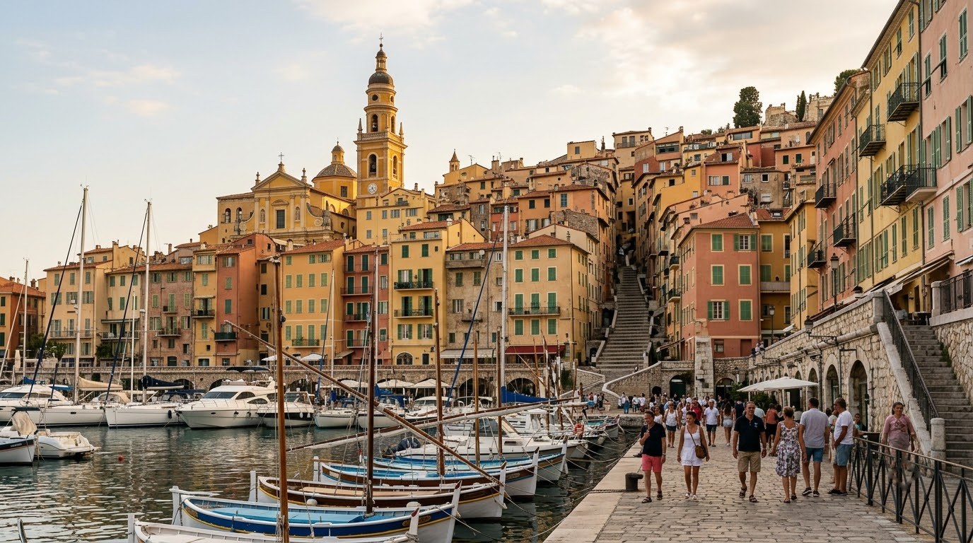 Menton harbour and pastel old town climbing to the Basilica Saint-Michel