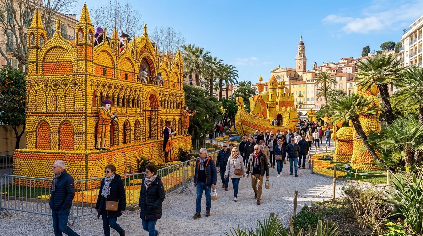 Giant citrus sculptures at the Menton Lemon Festival in the Bioves Gardens