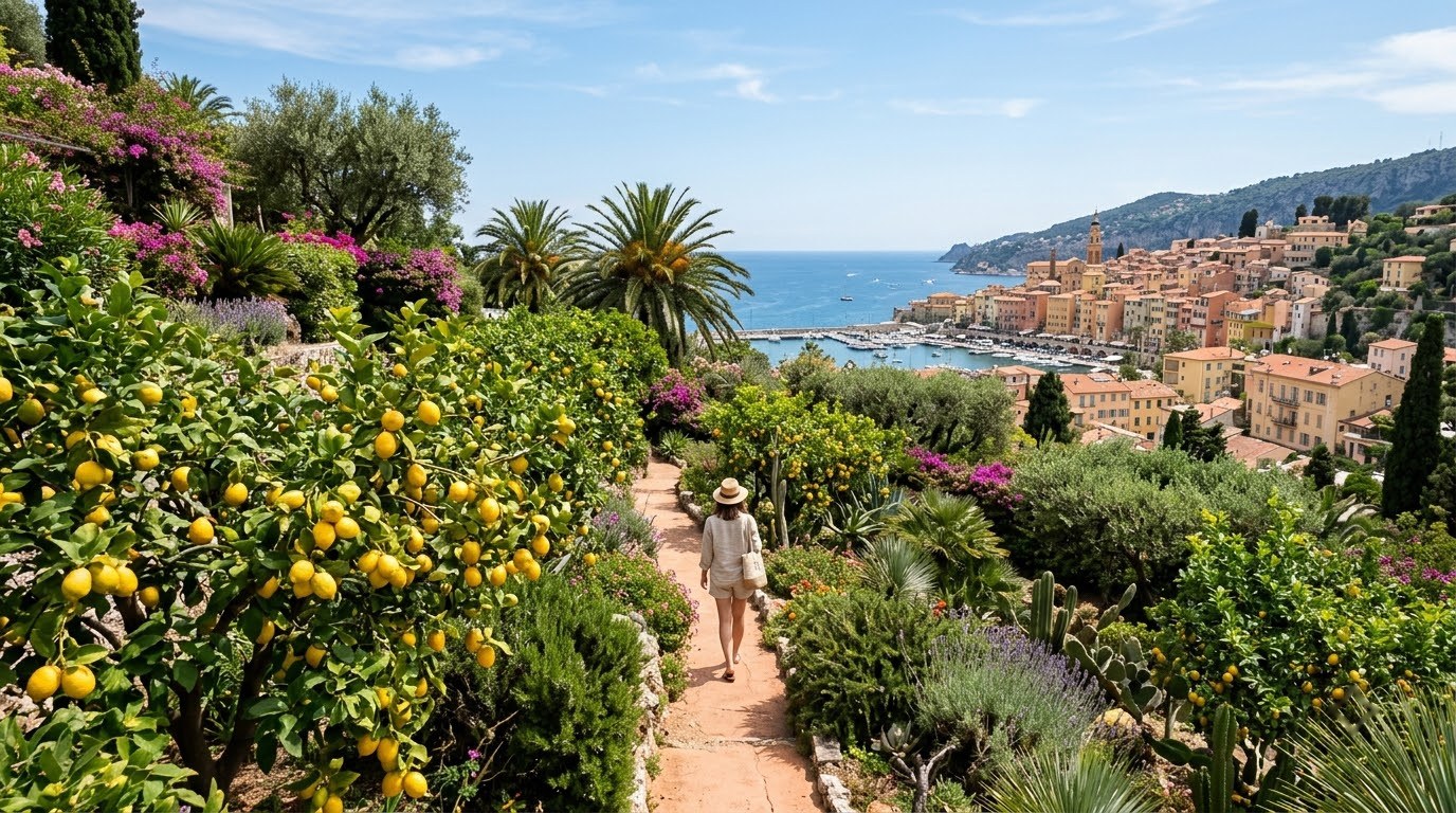 Lemon trees in the Val Rahmeh garden with Menton old town beyond