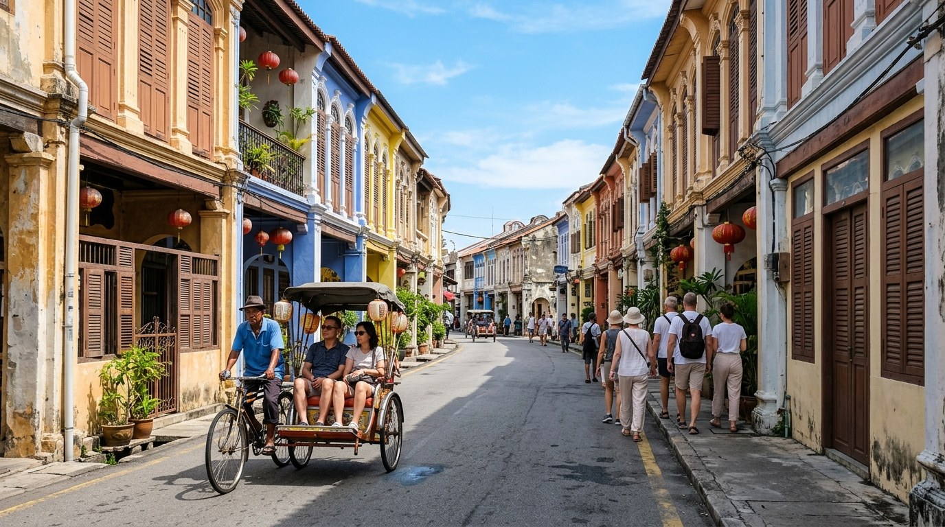 Heritage shophouses and trishaw on Armenian Street, George Town, Penang