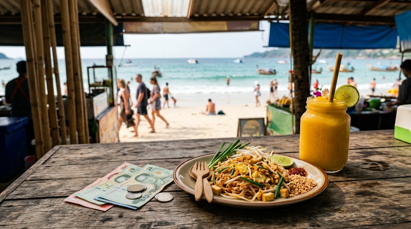 Thai baht notes beside pad thai at a Patong street stall, Phuket