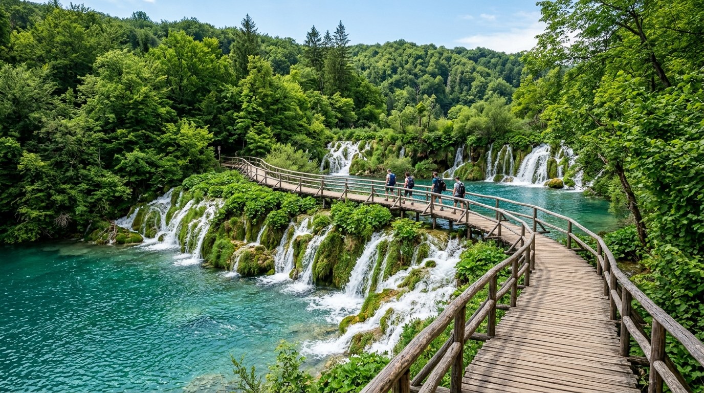 Wooden boardwalks over turquoise lakes and waterfalls at Plitvice Lakes, Croatia