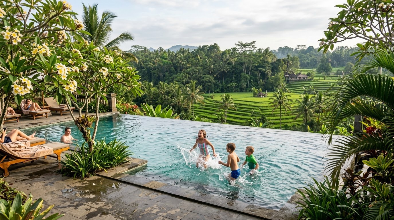 Family resort pool overlooking rice terraces and jungle in Ubud, Bali